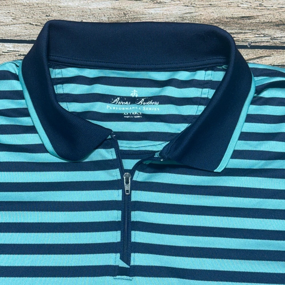 Brooks Brothers Performance Polo Mens XXL Teal Navy Striped Quarter Zip Shirt